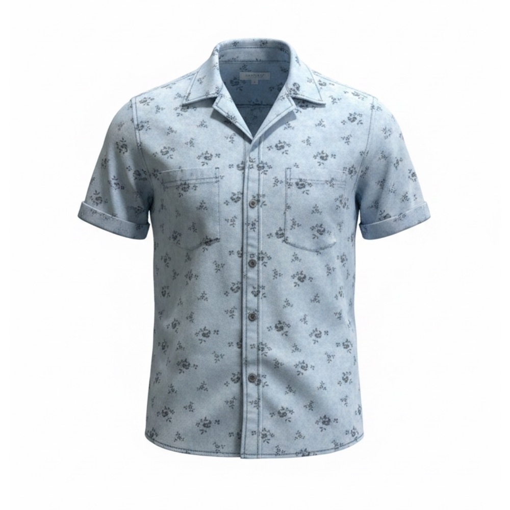 American Heritage | Women’s Denim Blue Floral Short Sleeve Button Up Shirt | M